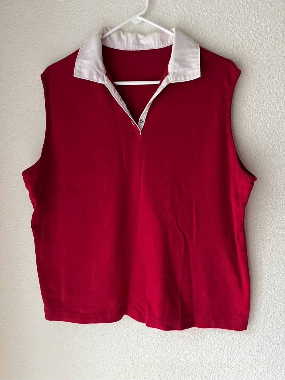 Sleeveless Red Polo Top with White Contrast Collar